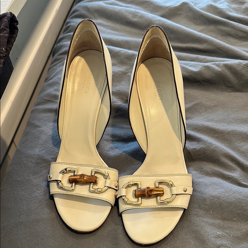 Gucci Cream Leather Open-Toe Heels with Bamboo Accent